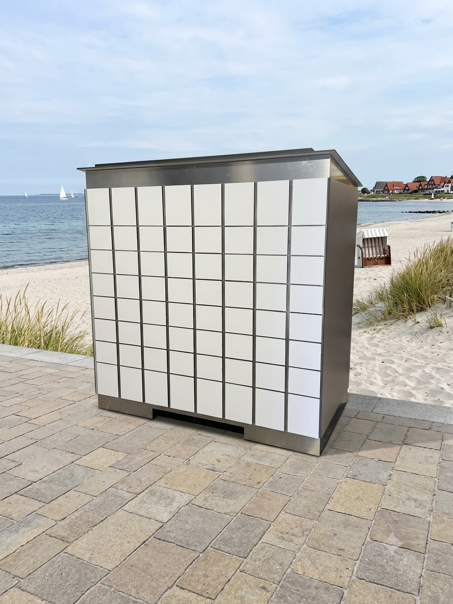 TIKI SHARE locker installation on the beach in Binzer Bucht for staff-free beach chair rental.