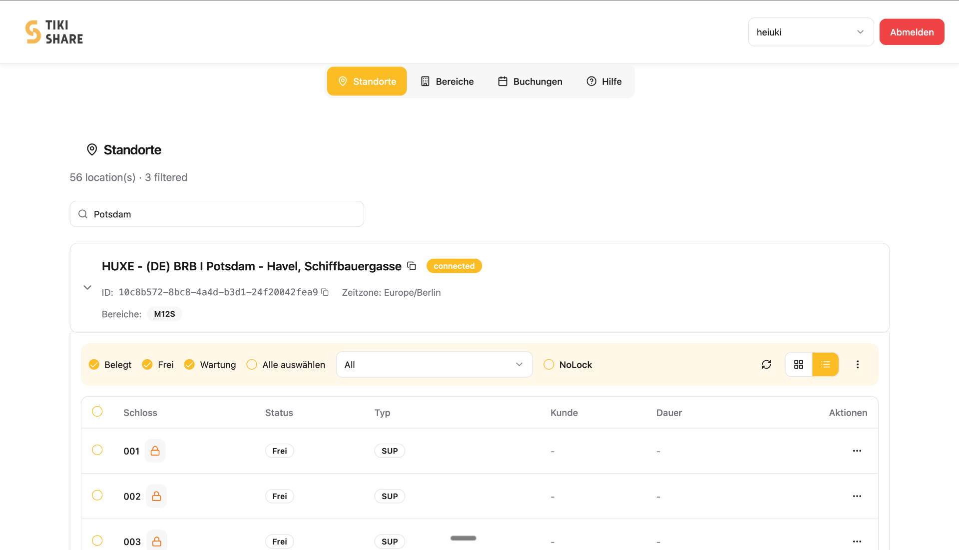 Dashboard der TIKI SHARE Software Plattform für Zugänge und Übergaben